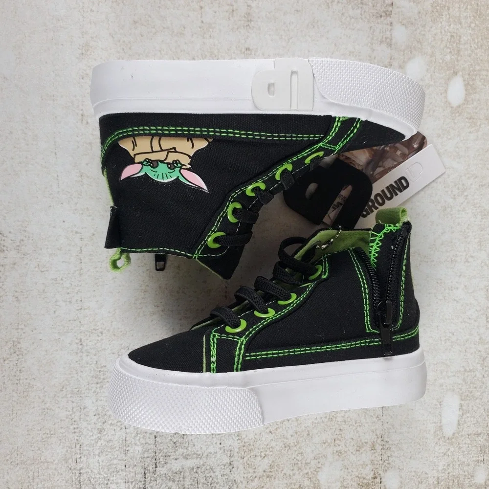 Ground Up Shop Grogu Toddler Shoe Sz 7 Black Canvas Bright Green Lace-Up Sneaker